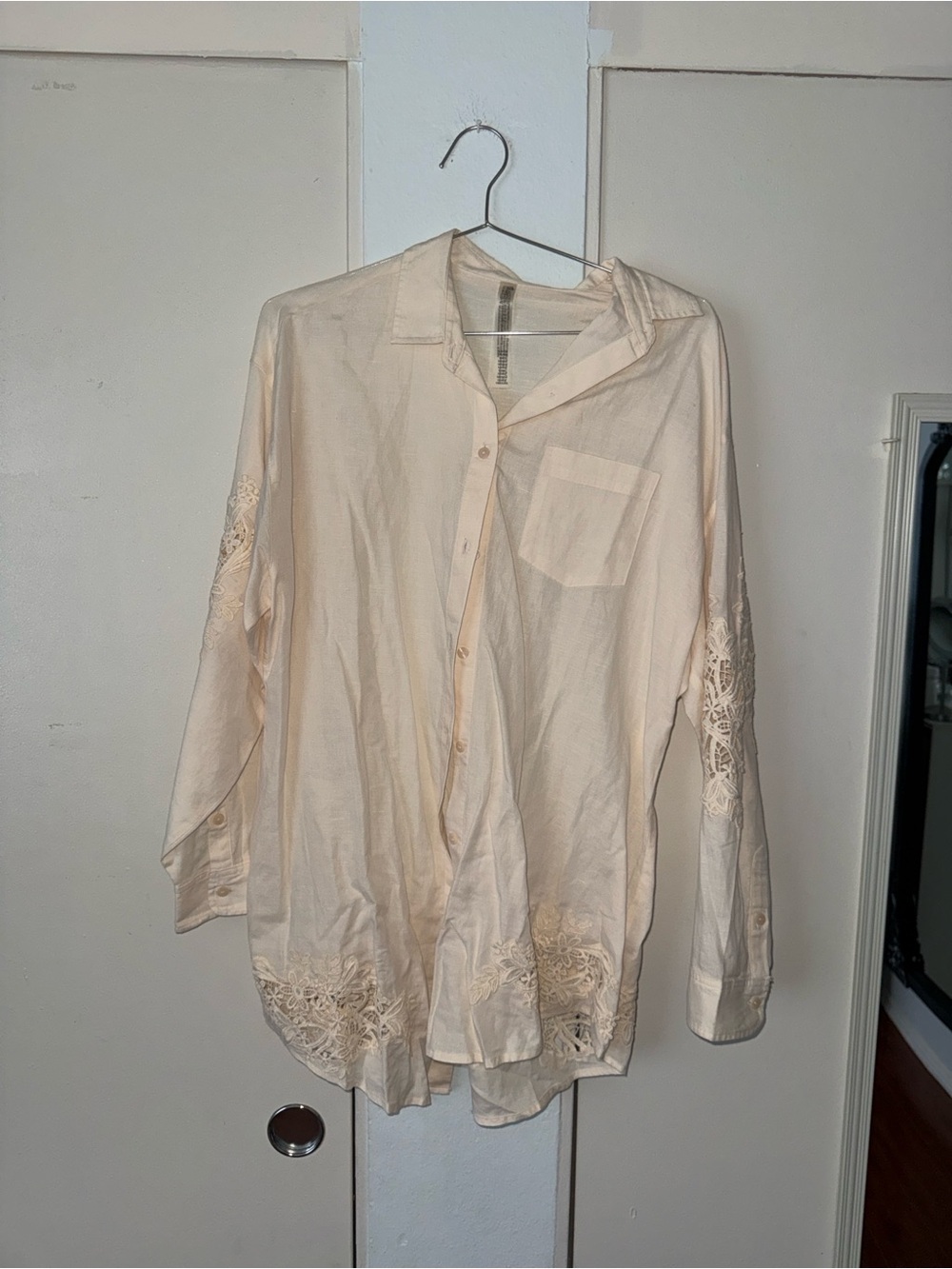 PINK Victoria's Secret Cream Button-Down Shirt with Lace Trim